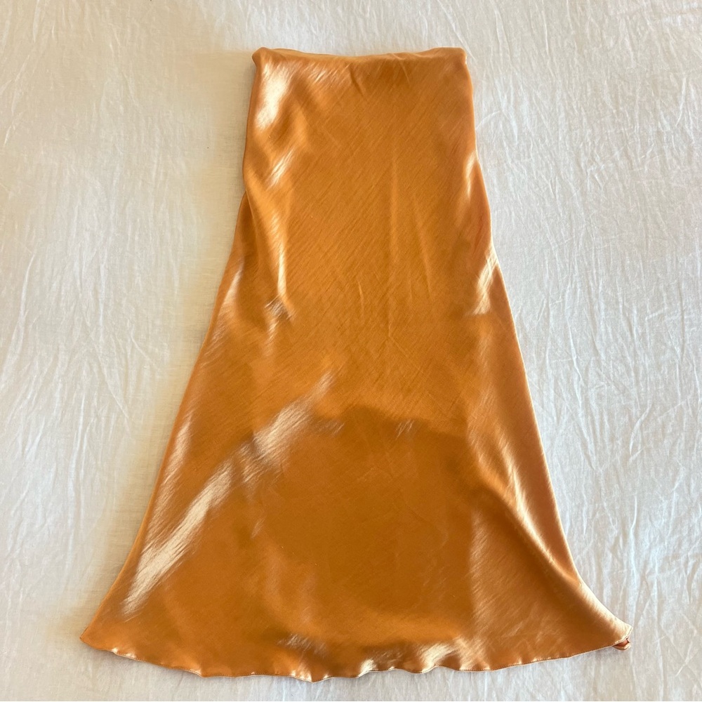 ASOS Orange Satin High Waist Midi Skirt with double side slits - Picture 3 of 7